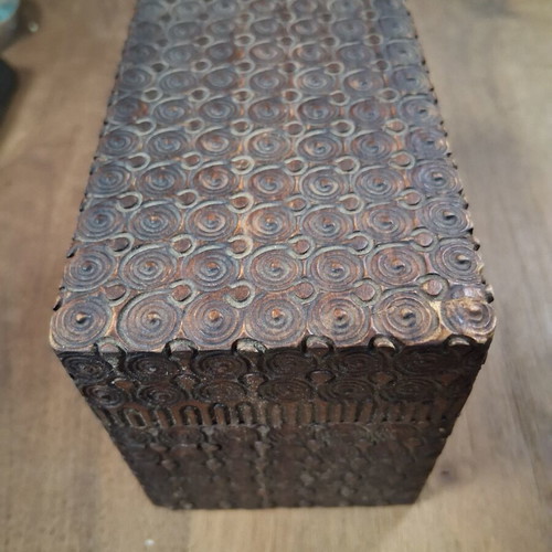 Wooden carved box for playing cards used, old beautiful