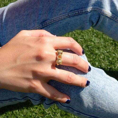 Adjustable gold-plated panther ring with zircon, new