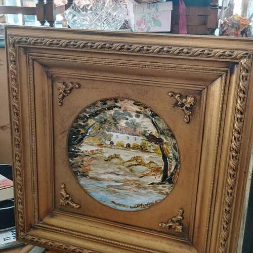 Painted Bavarian porcelain plate with gilded frame like new