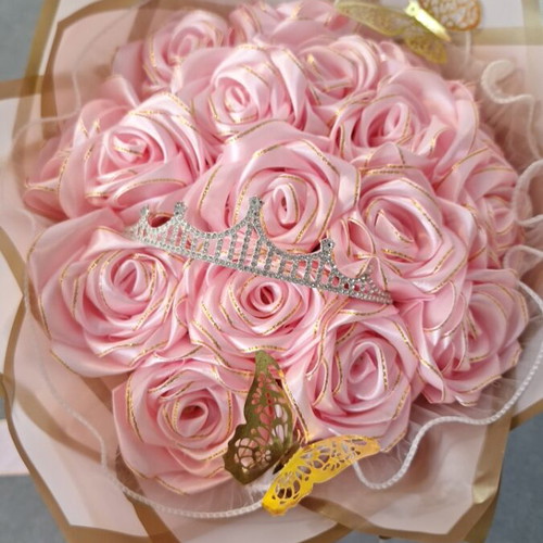 Handmade satin rose bouquet with tiara and golden butterflies