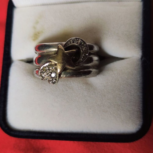 Vintage silver women's ring with star, moon and heart motifs used