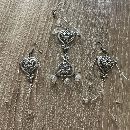 Handmade Boho Jewelry Set with Filigree Heart Necklace and Earrings
