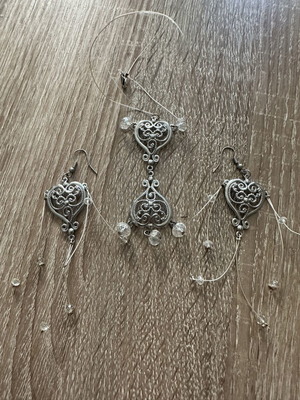 Handmade Boho Jewelry Set with Filigree Heart Necklace and Earrings