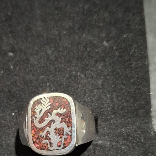 Silver men's signet ring 925 vintage dragon red mosaic used
