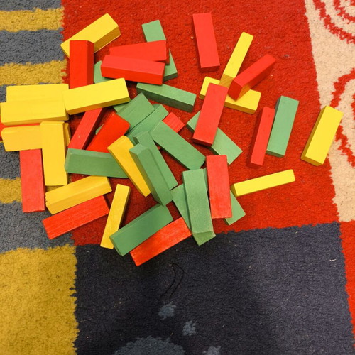 Wooden Jenga Blocks like new, 13 yellow, 15 red, 15 green