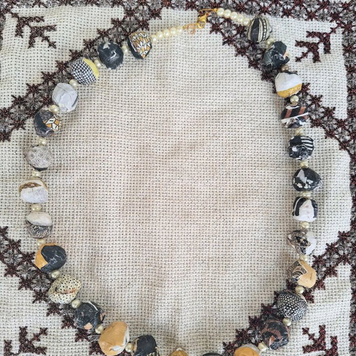 Papier-mâché necklace handmade made to order, yellow and black and white