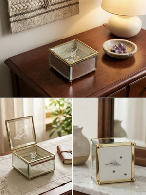 Vintage glass jewelry music box with mirror and engraved designs
