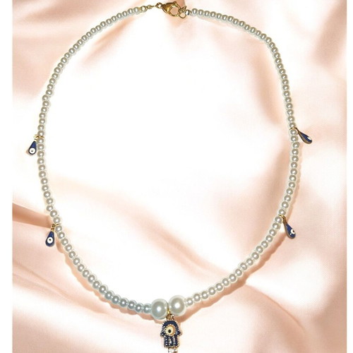 Handmade Hamsa hand necklace with evil eyes and white pearls new