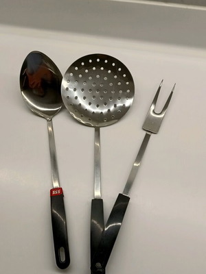 Cooking utensils new, slotted spoon, large spoon and forks