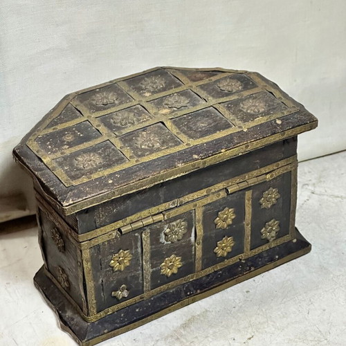 Vintage wooden jewelry box with brass decorations used