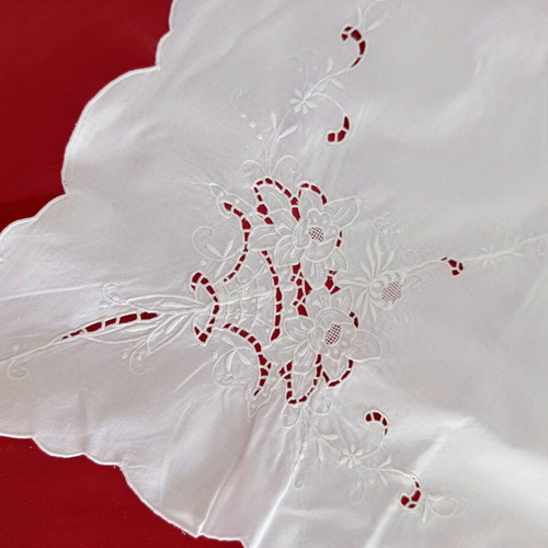 White Tablecloth with Embroidery and Cutwork used, 122x163 cm