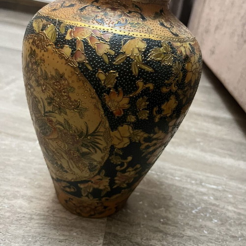 Satsuma Japanese ceramic vase set 1957, 2 pieces with authentic stamps