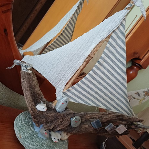 Handmade decorative ship from driftwood and pebbles, new