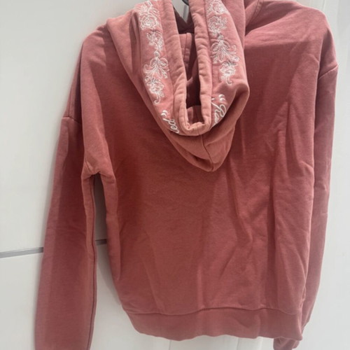 Vena women's pink sweatshirt XS used with decorative cords and letters-flowers