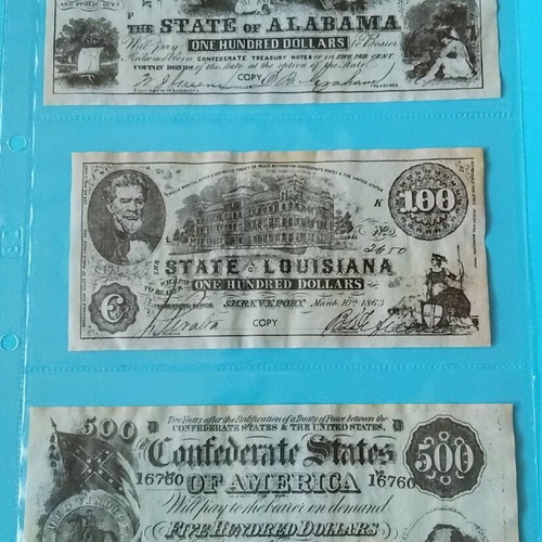 6 Replica Paper Money 1-500 Dollars American States 1860 Era like new