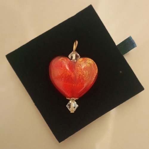 Murano glass red heart pendant with Swarovski crystals, gold fleck