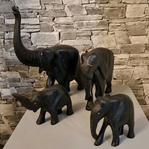 Wooden elephants used, set of 4, solid wood