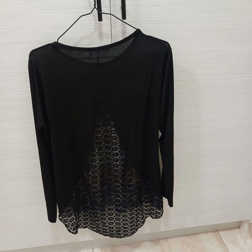 Black blouse with girl print and transparent lace back, like new, size L