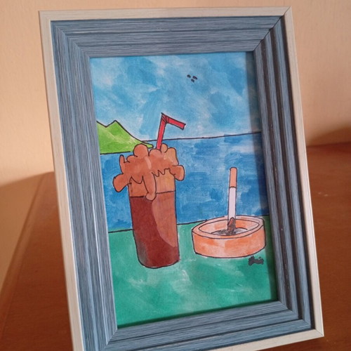 Frappé Drawing Inspired by Greek Summer, New, Watercolor and Ink