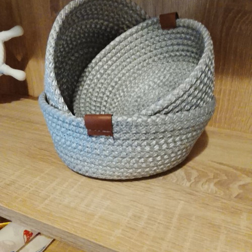 Set of 3 decorative fabric storage baskets with leather details, new