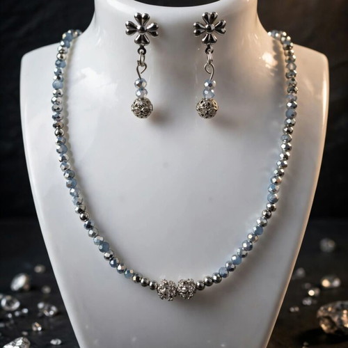 Handmade crystal beaded elegant jewelry set, new, gray and silver