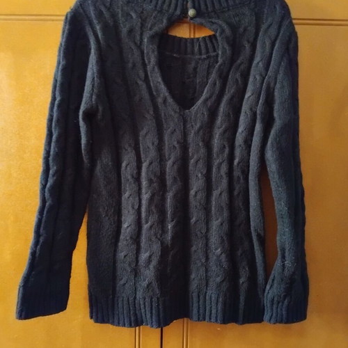Black knitted sweater with cable design and back opening used, size L
