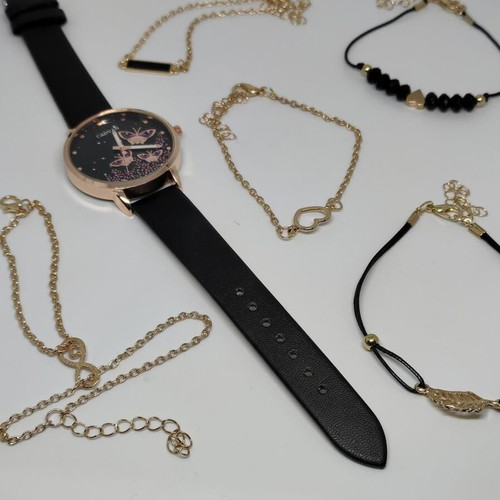 Women's watch set with butterflies and 5 matching bracelets new, black