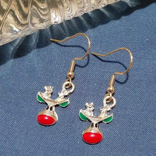 Reindeer earrings new, stainless steel, red and green