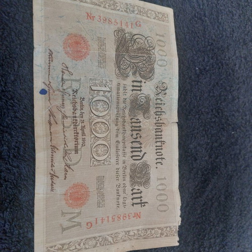 Historical 1000 Mark banknote Germany 1910 used