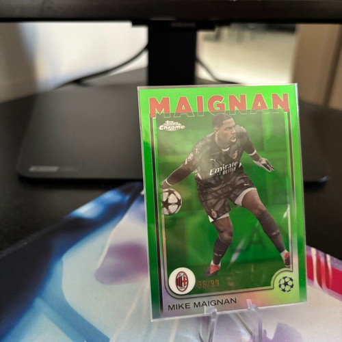 Mike Maignan 2024-25 Topps Chrome UEFA Club Competitions Green Refractor card near mint
