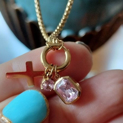 Stainless Steel Gold Necklace with Cross and Pink Crystals new
