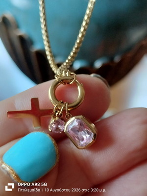 Stainless Steel Gold Necklace with Cross and Pink Crystals new