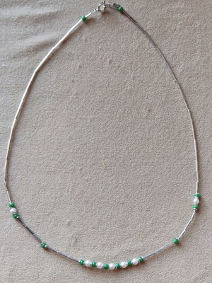 Vintage Silver 925 Necklace with Pearls and Green Agate like new