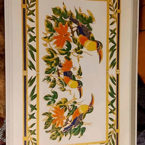 Wooden serving tray white lacquer with exotic design, like new