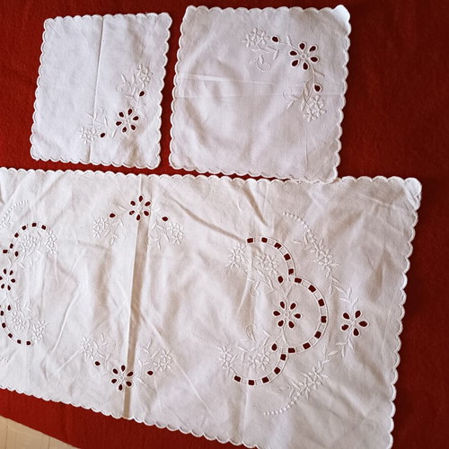 Set of 3 white embroidered cutwork linens like new
