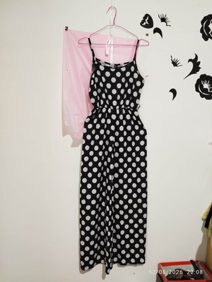 Polka dot long jumpsuit, black and white, size S/M