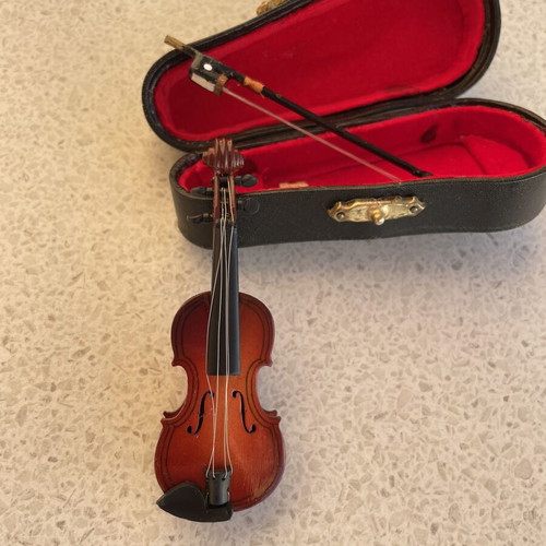 Small vintage violin with case and bow, decorative