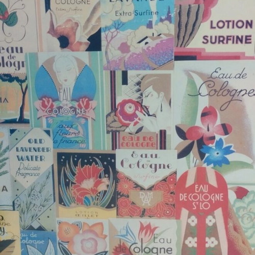 Vintage collage painting used, 70x50 cm, Eau de cologne labels