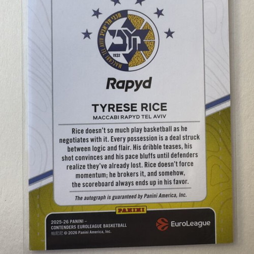 Tyrese Rice Maccabi Tel Aviv Auto Panini Contenders 2025/26 like new