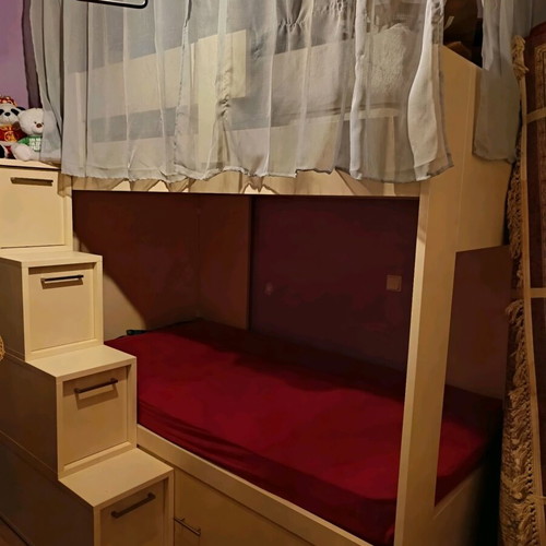 Teen bunk bed with desk and storage like new, carpenter-made