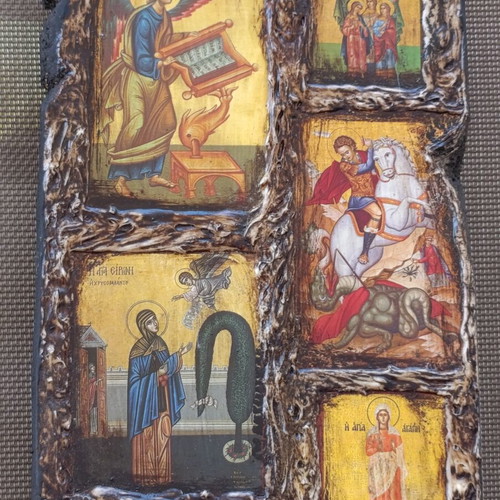 Religious icon composition on wood, 37x14 cm