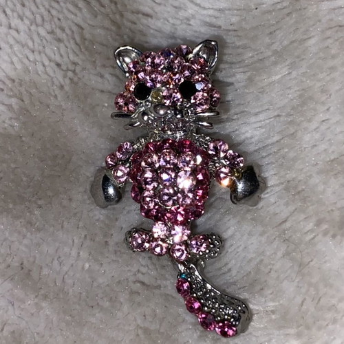 Pink Cat Brooch with Rhinestones used, silver
