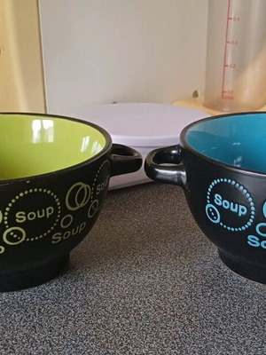 Ceramic soup bowls like new, set of 2 with orange bowl