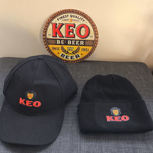 KEO Beer Promotional Set with Cap, Beanie and Retro Wall Sign