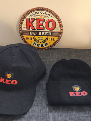 KEO Beer Promotional Set with Cap, Beanie and Retro Wall Sign