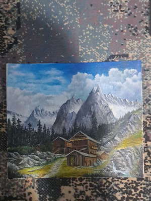 Oil painting on canvas new, alpine landscape with wooden houses