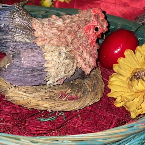 Woven Easter basket like new with hen and 3 red eggs