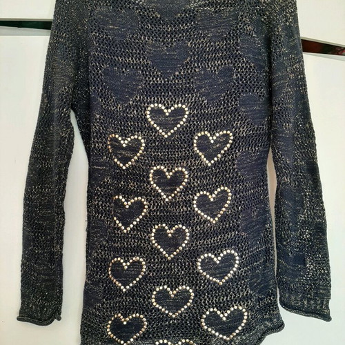 Knitted sweater like new, blue-gold with heart design