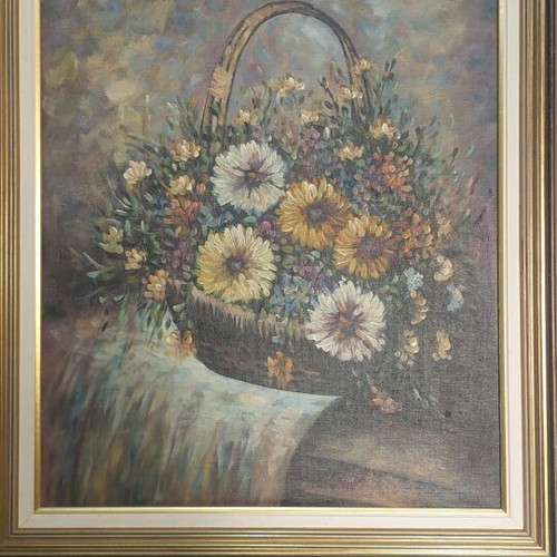 Vintage oil painting on canvas used, still life with flowers and frame