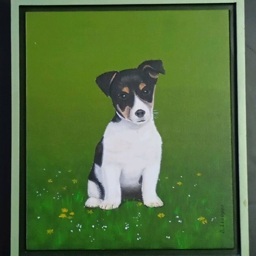 Painting by D. Stavrou used, dog theme, oil paint on cardboard